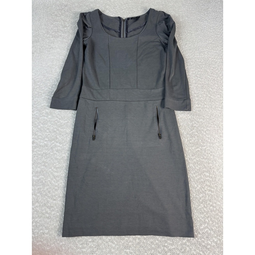 Theory Dress Womens Small Petite Gray 3/4 Sleeve Scoop Neck Sheath Zip Pockets